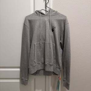 Off-White Grey Cropped Hoodie with Black Hand Logo and Tags - Size M